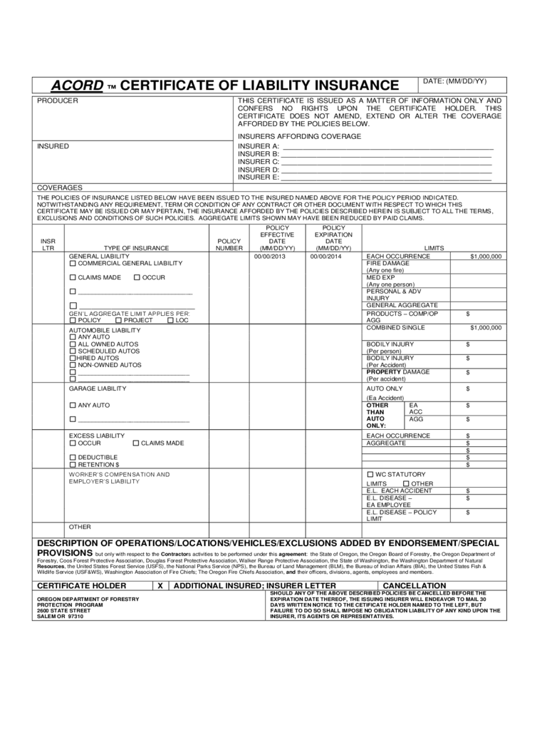 Certificate of Liability Insurance Form - 1 Free Templates in PDF  Regarding Certificate Of Liability Insurance Template In Certificate Of Liability Insurance Template