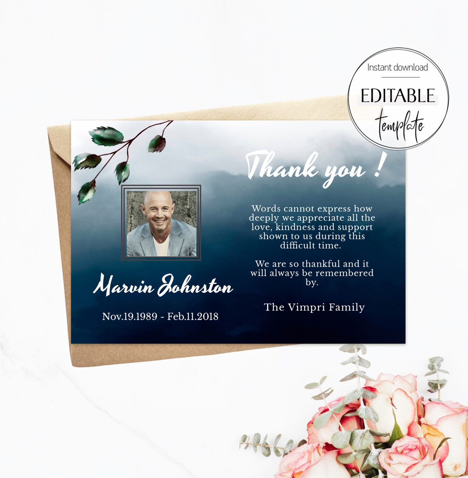 Editable Funeral Thank You Card for Men, Funeral Acknowledgement  Pertaining To Sympathy Thank You Card Template
