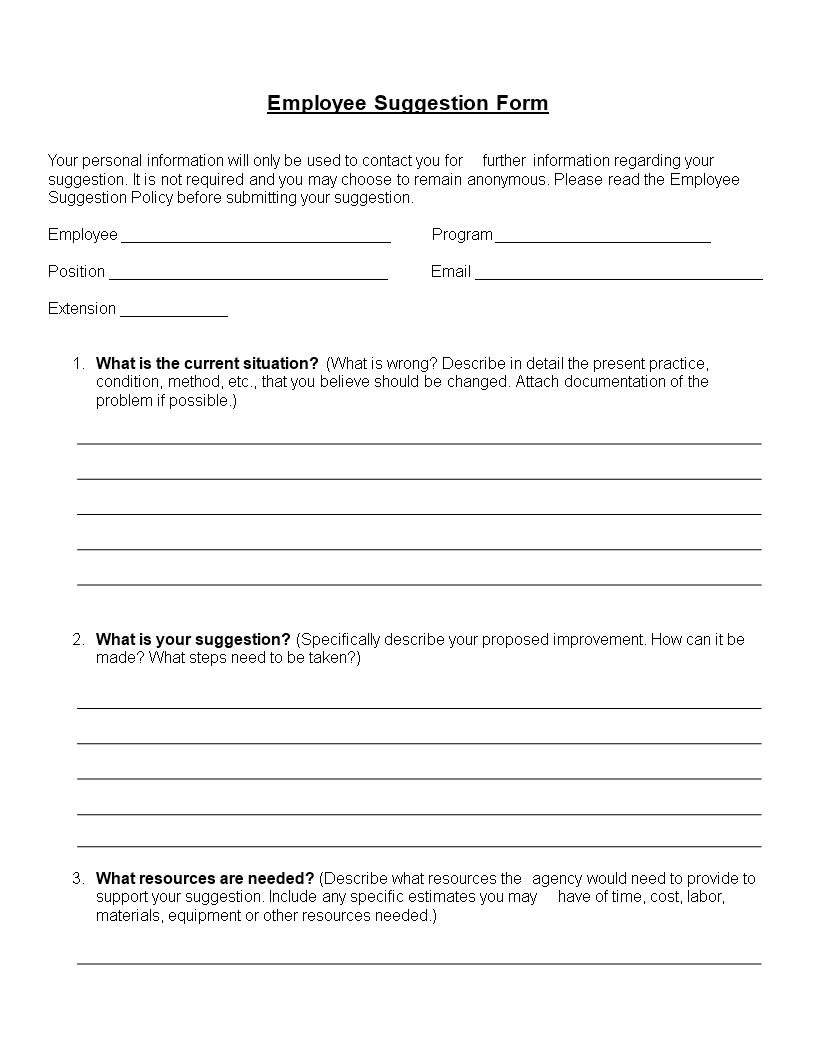 Employee Suggestion Form Word Format  Templates at  Pertaining To Word Employee Suggestion Form Template