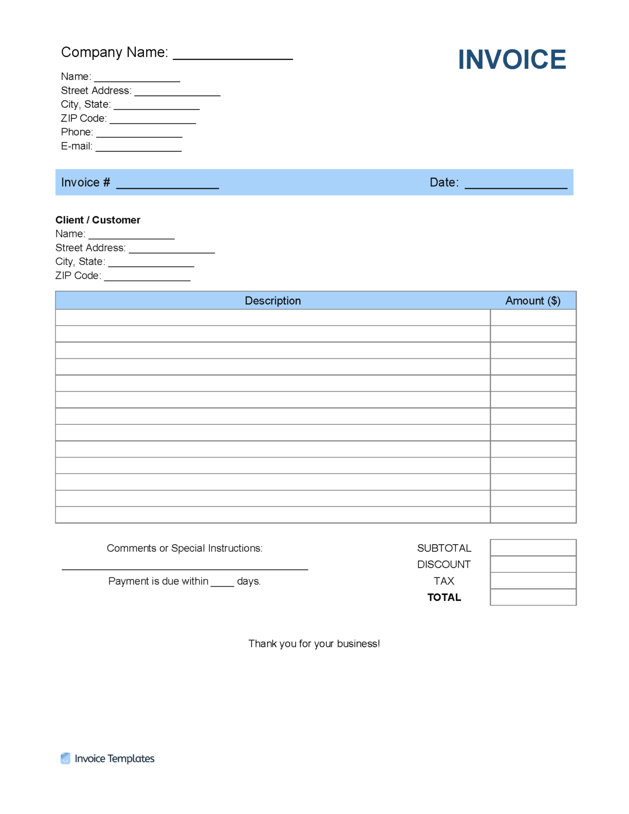 Free Blank Invoice Templates in PDF, Word, & Excel With Regard To Free Printable Invoice Template Microsoft Word Pertaining To Free Printable Invoice Template Microsoft Word