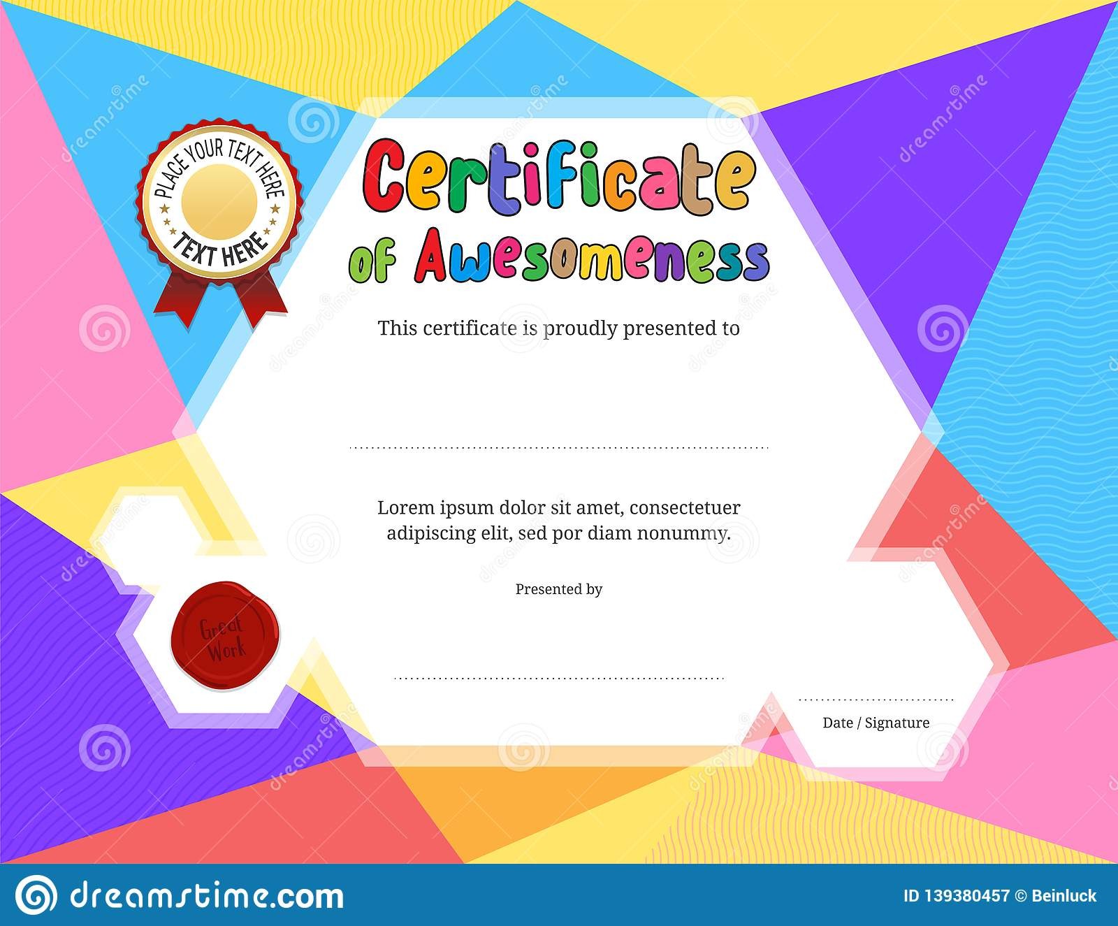 Kids Diploma or Certificate Template with Colorful Background  For Free Kids Certificate Templates