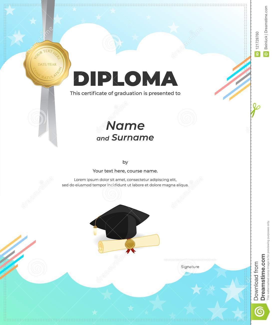 Kids Diploma or Certificate Template with Colorful Background  In Preschool Graduation Certificate Template Free