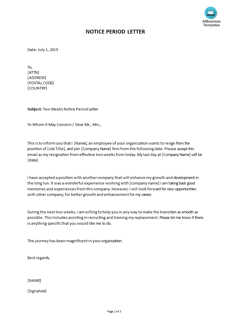 Kostenloses 1 Weeks Notice Period Letter Template Word Format Within 2 Weeks Notice Template Word Throughout 2 Weeks Notice Template Word