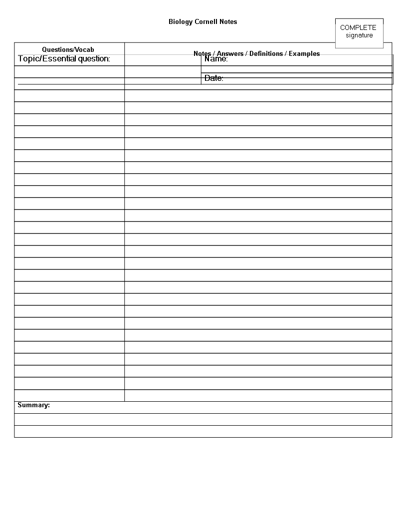 Kostenloses Biology Cornell Notes Word With Cornell Note Template Word