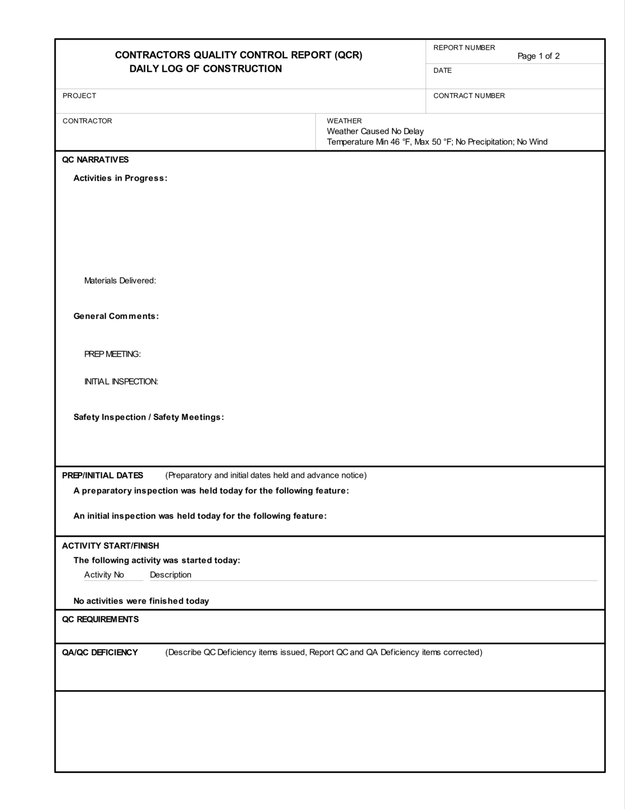 Kostenloses Construction Contractor Quality Control Report Inside Construction Deficiency Report Template For Construction Deficiency Report Template