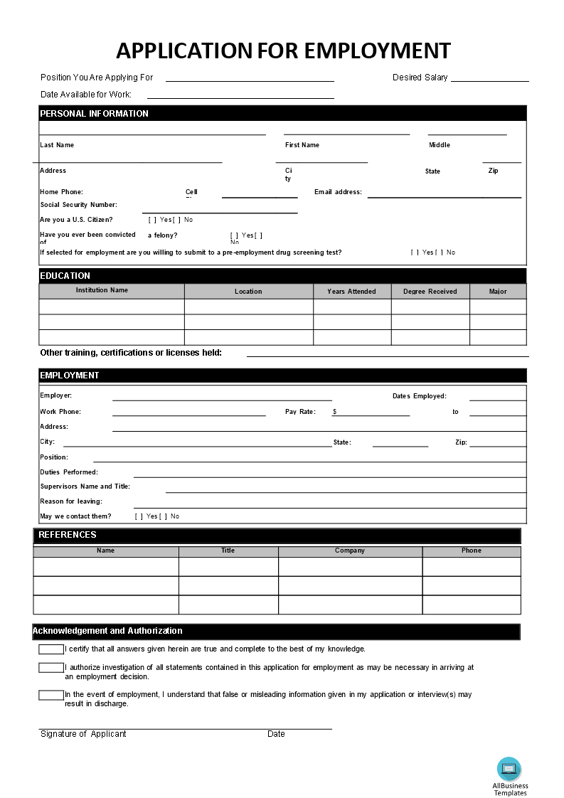 Kostenloses Simple SME Job Application Form With Job Application Template Word