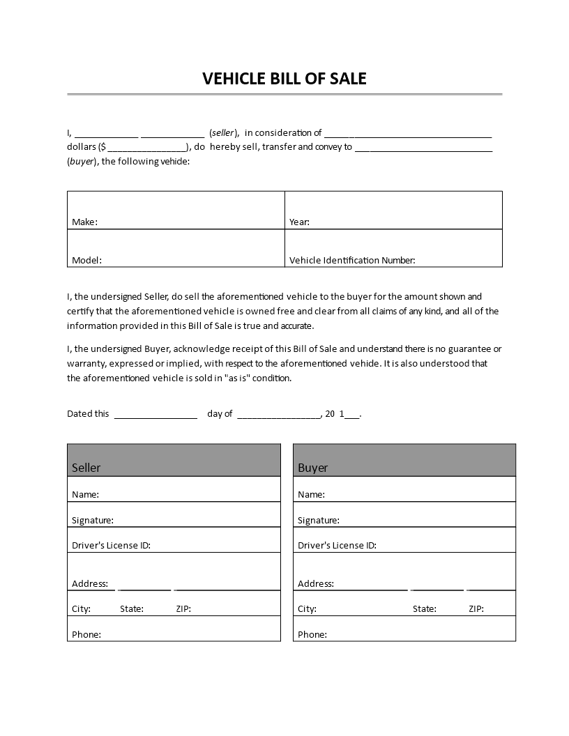 Kostenloses Vehicle Bill of Sale Throughout Car Bill Of Sale Word Template