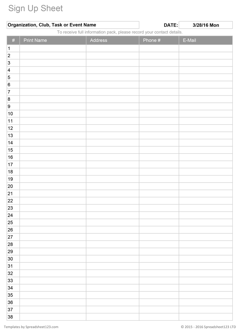Printable Sign Up Worksheets and Forms for Excel, Word and PDF Intended For Free Sign Up Sheet Template Word