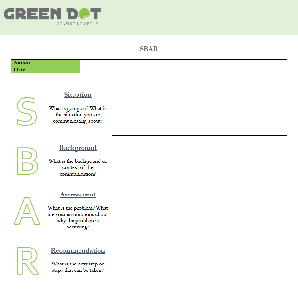 SBAR Template (Word) - The Green Dot Consulting Group Pertaining To Sbar Template Word Within Sbar Template Word
